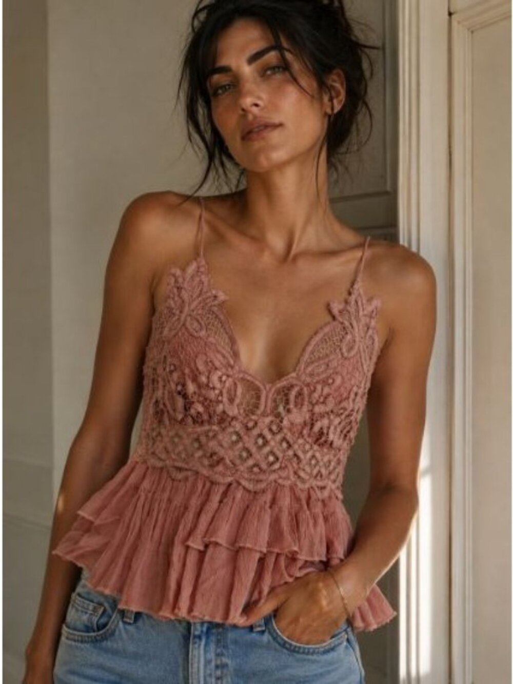 FP One Free People Lace Cami Tank Boho Y2K Romantic Festival Cottagecore M